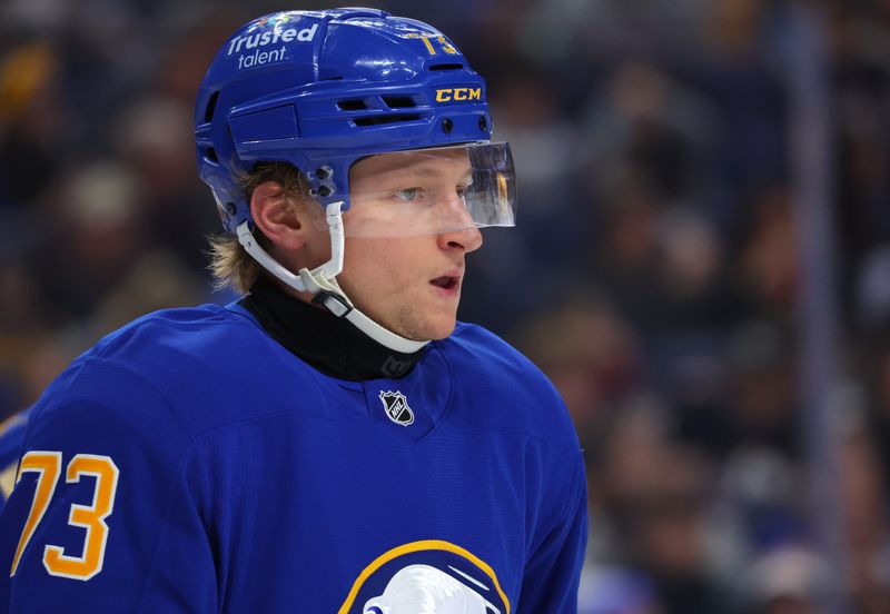 Dec 20, 2025; Buffalo, New York, USA;  Buffalo Sabres defenseman Zach Metsa (73) during a stoppage in play against the New York Islanders at KeyBank Center. Mandatory Credit: Timothy T. Ludwig-Imagn Images