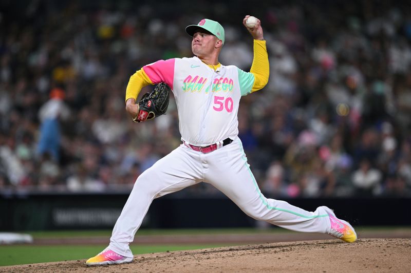 Jul 7, 2023; San Diego, California, USA; San Diego Padres relief pitcher Adrian Morejon (50) throws a pitch against the New York Mets during the sixth inning at Petco Park. Mandatory Credit: Orlando Ramirez-USA TODAY Sports