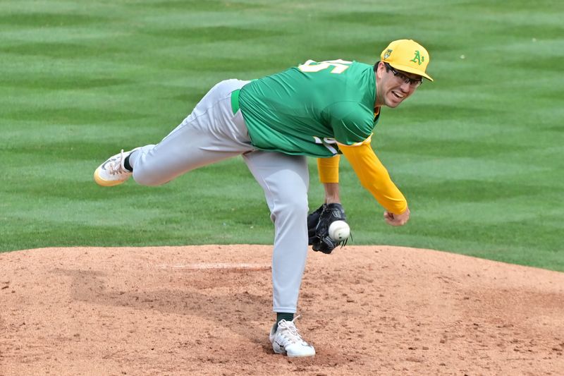 Mar 6, 2024; Tempe, Arizona, USA;  Oakland Athletics relief pitcher Joe Boyle (35) throws in the second inning against the Los Angeles Angels during a spring training game at Tempe Diablo Stadium. Mandatory Credit: Matt Kartozian-USA TODAY Sports