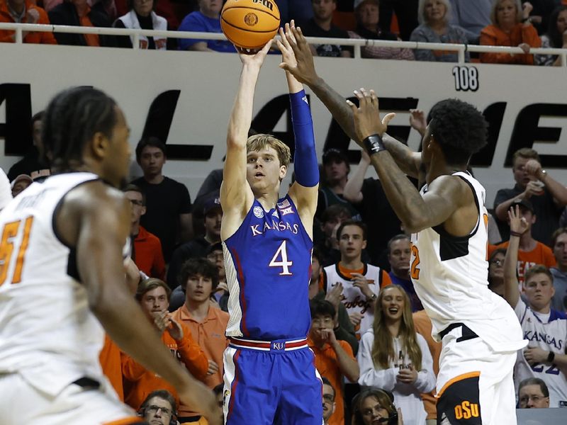 Feb 14, 2023; Stillwater, Oklahoma, USA; Kansas Jayhawks guard Gradey Dick (4) shoots a three point basket against the Oklahoma State Cowboys during the second half at Gallagher-Iba Arena. Kansas won 87-76. Mandatory Credit: Alonzo Adams-USA TODAY Sports