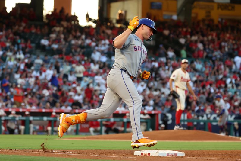 Aug 2, 2024; Anaheim, California, USA;  New York Mets first baseman Pete Alonso (20) reacts after hitting a home run against Los Angeles Angels starting pitcher Tyler Anderson (31) during the third inning at Angel Stadium. Mandatory Credit: Kiyoshi Mio-USA TODAY Sports