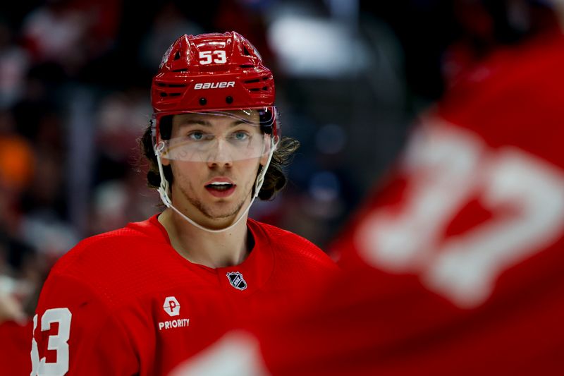 Apr 7, 2024; Detroit, Michigan, USA; Detroit Red Wings defenseman Moritz Seider (53) looks on in the third period against the Buffalo Sabres at Little Caesars Arena. Mandatory Credit: Rick Osentoski-USA TODAY Sports