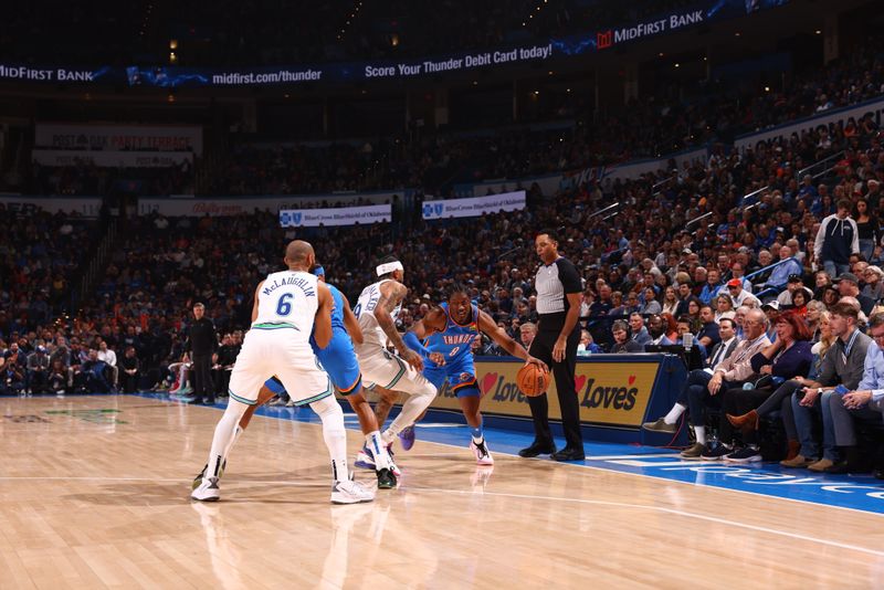 OKLAHOMA CITY, OK - JANUARY 29: Jalen Williams #8 of the Oklahoma City Thunder handles the ball during the game against the Minnesota Timberwolves on January 29, 2024 at Paycom Arena in Oklahoma City, Oklahoma. NOTE TO USER: User expressly acknowledges and agrees that, by downloading and or using this photograph, User is consenting to the terms and conditions of the Getty Images License Agreement. Mandatory Copyright Notice: Copyright 2024 NBAE (Photo by Zach Beeker/NBAE via Getty Images)