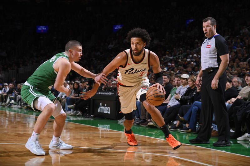 BOSTON, MA - DECEMBER 4: Cade Cunningham #2 of the Detroit Pistons drives to the basket during the game against the Boston Celtics on December 4, 2024 at TD Garden in Boston, Massachusetts. NOTE TO USER: User expressly acknowledges and agrees that, by downloading and/or using this Photograph, user is consenting to the terms and conditions of the Getty Images License Agreement. Mandatory Copyright Notice: Copyright 2024 NBAE (Photo by Brian Babineau/NBAE via Getty Images)