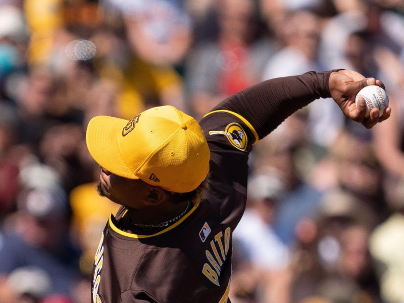 Mar 10, 2024; Tempe, Arizona, USA; San Diego Padres starting pitcher Jhony Brito (76) on the mound in the first inning during a spring training game against the Los Angeles Angels at Tempe Diablo Stadium. Mandatory Credit: Allan Henry-USA TODAY Sports