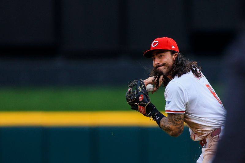 Jul 11, 2024; Cincinnati, Ohio, USA; Cincinnati Reds second baseman Jonathan India (6) throws to first to get Colorado Rockies outfielder Sam Hilliard (not pictured) out in the eighth inning at Great American Ball Park. Mandatory Credit: Katie Stratman-USA TODAY Sports