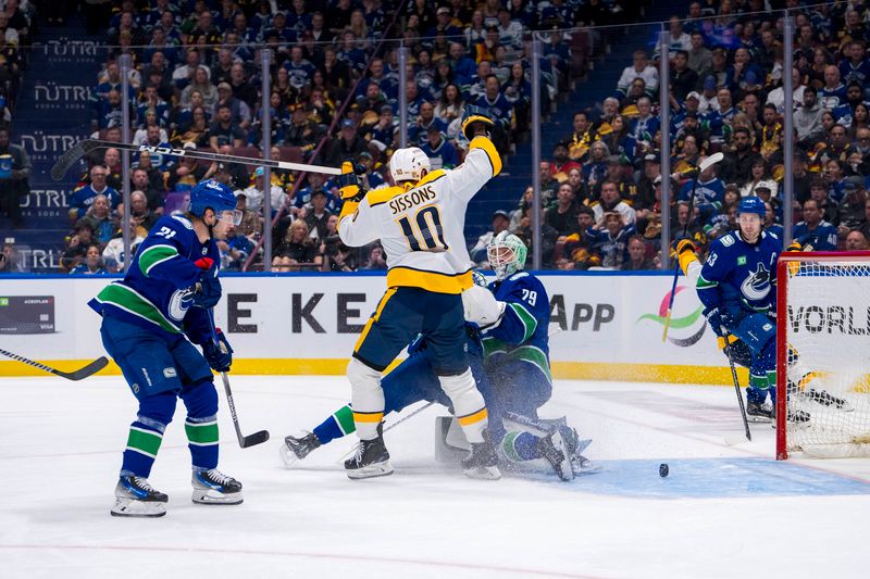 Apr 23, 2024; Vancouver, British Columbia, CAN; Vancouver Canucks forward Nils Hoglander (21) and forward Elias Pettersson (40) and goalie Casey DeSmith (29) and defenseman Quinn Hughes (43) react as Nashville Predators forward Colton Sissons (10) celebrate his goal  during the second period in game two of the first round of the 2024 Stanley Cup Playoffs at Rogers Arena. Mandatory Credit: Bob Frid-USA TODAY Sports