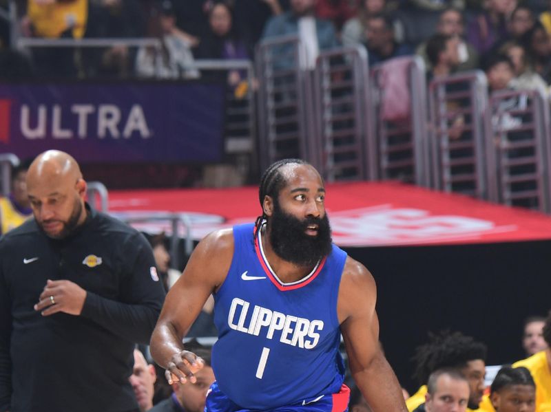 LOS ANGELES, CA - JANUARY 23:  James Harden #1 of the LA Clippers goes to the basket during the game on January 23, 2024 at Crypto.Com Arena in Los Angeles, California. NOTE TO USER: User expressly acknowledges and agrees that, by downloading and/or using this Photograph, user is consenting to the terms and conditions of the Getty Images License Agreement. Mandatory Copyright Notice: Copyright 2024 NBAE (Photo by Adam Pantozzi/NBAE via Getty Images)