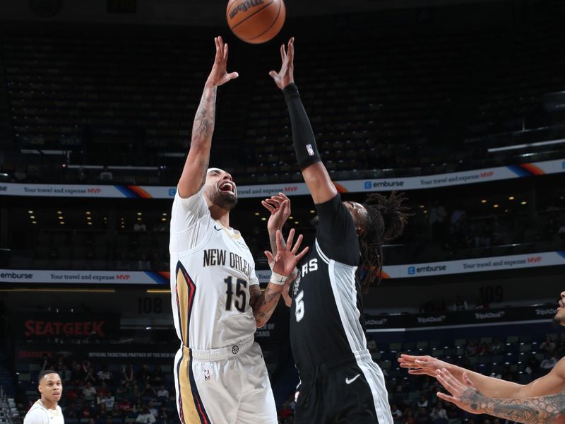 NEW ORLEANS, LA - FEBRUARY 25: Jose Alvarado #15 of the New Orleans Pelicans shoots the ball during the game against the San Antonio Spurs on February 25, 2025 at the Smoothie King Center in New Orleans, Louisiana. NOTE TO USER: User expressly acknowledges and agrees that, by downloading and or using this Photograph, user is consenting to the terms and conditions of the Getty Images License Agreement. Mandatory Copyright Notice: Copyright 2025 NBAE (Photo by Layne Murdoch Jr./NBAE via Getty Images)