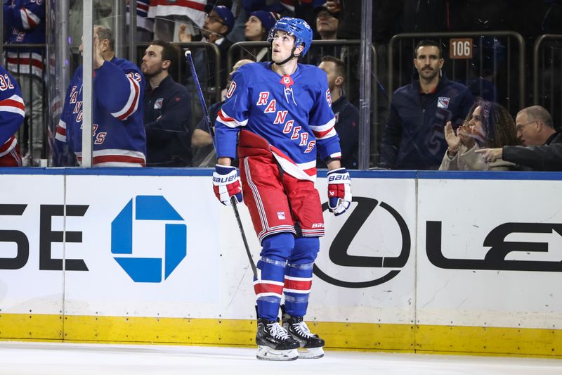 Nov 12, 2024; New York, New York, USA; New York Rangers left wing Will Cuylle (50) looks at the scoreboard after scoring a goal in the first period against the Winnipeg Jets at Madison Square Garden. Mandatory Credit: Wendell Cruz-Imagn Images