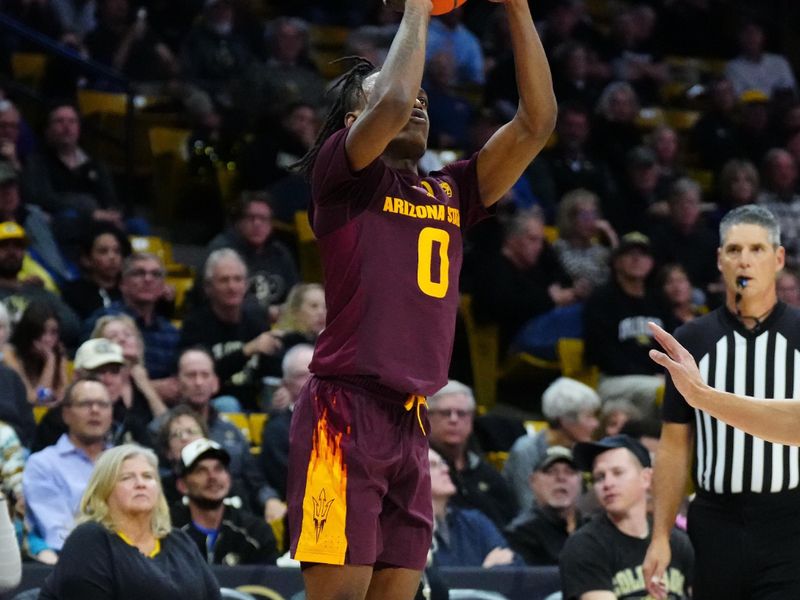 Dec 1, 2022; Boulder, Colorado, USA; Arizona State Sun Devils guard DJ Horne (0) prepares to shoot the ball in the second half against the Colorado Buffaloes at the CU Events Center. Mandatory Credit: Ron Chenoy-USA TODAY Sports