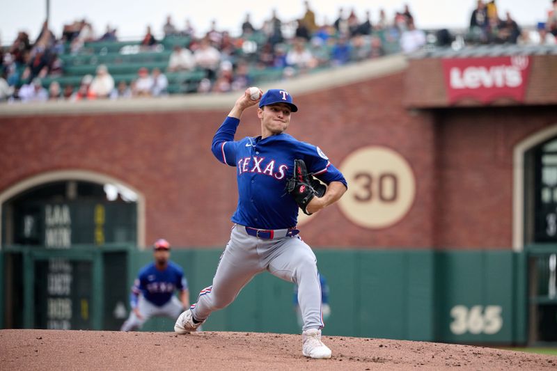 Apr 27, 2025; San Francisco, California, USA; Texas Rangers starting pitcher Jack Leiter (35) throws a pitch against the San Francisco Giants during the first inning at Oracle Park. Mandatory Credit: Robert Edwards-Imagn Images