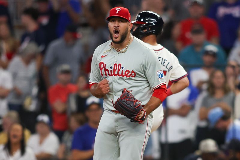 Aug 21, 2024; Atlanta, Georgia, USA; Philadelphia Phillies relief pitcher Carlos Estevez (53) reacts after a victory over the Atlanta Braves at Truist Park. Mandatory Credit: Brett Davis-USA TODAY Sports