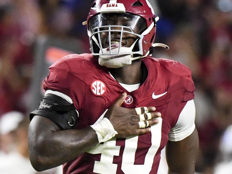 Sep 2, 2023; Tuscaloosa, Alabama, USA;  Alabama Crimson Tide linebacker Kendrick Blackshire (40) celebrates after stripping the ball from a Middle Tennessee Blue Raiders receiver to create a turnover during the second half at Bryant-Denny Stadium. Alabama won 56-7. Mandatory Credit: Gary Cosby Jr.-USA TODAY Sports