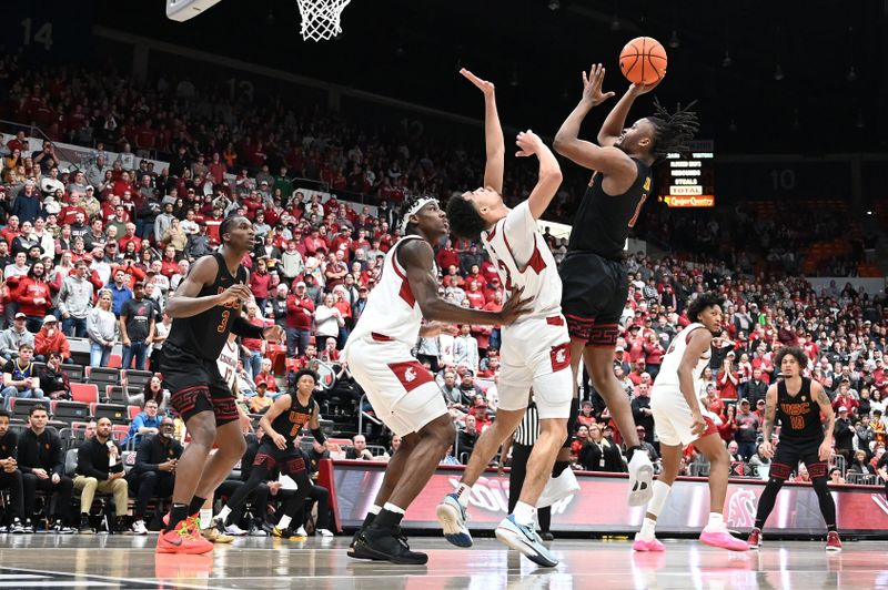 Feb 29, 2024; Pullman, Washington, USA; USC Trojans guard Isaiah Collier (1) shoots the ball against Washington State Cougars guard Myles Rice (2) in the second half at Friel Court at Beasley Coliseum. Washington State Cougars won 75-72. Mandatory Credit: James Snook-USA TODAY Sports