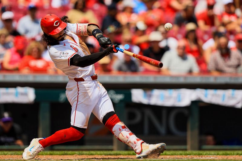 Jul 11, 2024; Cincinnati, Ohio, USA; Cincinnati Reds second baseman Jonathan India (6) hits a single against the Colorado Rockies in the seventh inning at Great American Ball Park. Mandatory Credit: Katie Stratman-USA TODAY Sports