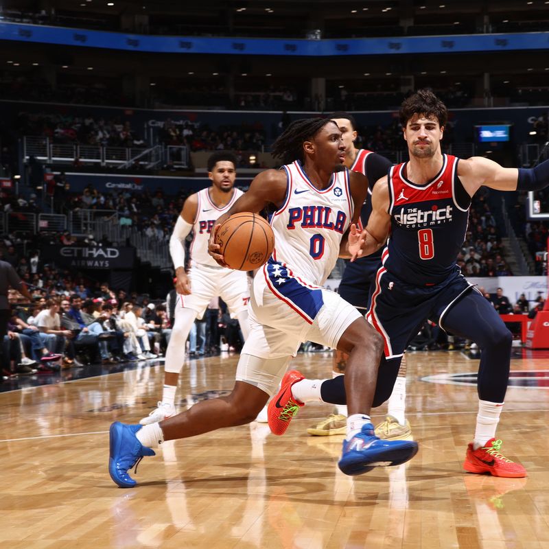 WASHINGTON, DC -? FEBRUARY 10: Tyrese Maxey #0 of the Philadelphia 76ers dribbles the ball during the game against the Washington Wizards on February 10, 2024 at Capital One Arena in Washington, DC. NOTE TO USER: User expressly acknowledges and agrees that, by downloading and or using this Photograph, user is consenting to the terms and conditions of the Getty Images License Agreement. Mandatory Copyright Notice: Copyright 2024 NBAE (Photo by Kenny Giarla/NBAE via Getty Images)