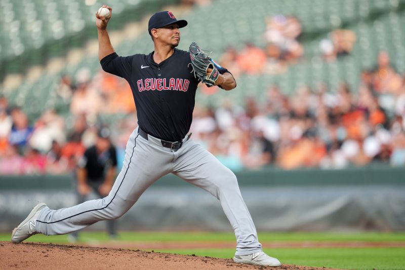 Jun 26, 2024; Baltimore, Maryland, USA; Cleveland Guardians pitcher Carlos Carrasco (59) throws a pitch during the first inning against the Baltimore Orioles at Oriole Park at Camden Yards. Mandatory Credit: Reggie Hildred-USA TODAY Sports