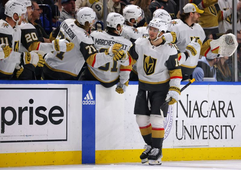 Mar 2, 2024; Buffalo, New York, USA;  Vegas Golden Knights center Brendan Brisson (19) celebrates his goal with teammates during the second period against the Buffalo Sabres at KeyBank Center. Mandatory Credit: Timothy T. Ludwig-USA TODAY Sports