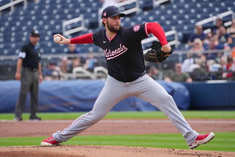 Mar 9, 2024; West Palm Beach, Florida, USA;  Washington Nationals starting pitcher Trevor Williams (32) pitches in the first inning against the Houston Astros at CACTI Park of the Palm Beaches. Mandatory Credit: Jim Rassol-USA TODAY Sports