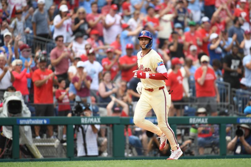 Aug 18, 2024; Philadelphia, Pennsylvania, USA; Philadelphia Phillies shortstop Trea Turner (7) runs the bases after hitting a home run during the third inning against the Washington Nationals at Citizens Bank Park. Mandatory Credit: Eric Hartline-USA TODAY Sports