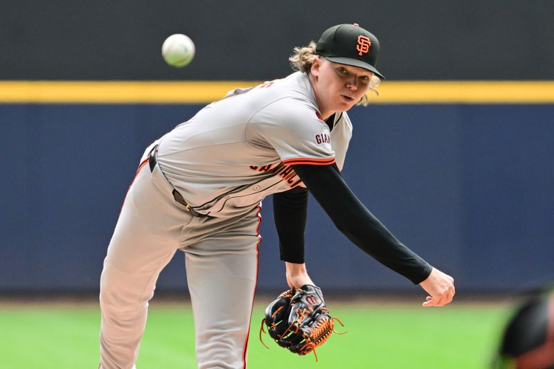 Aug 29, 2024; Milwaukee, Wisconsin, USA;  San Francisco Giants starting pitcher Hayden Birdsong (60) pitches in the first inning against the Milwaukee Brewers at American Family Field. Mandatory Credit: Benny Sieu-USA TODAY Sports