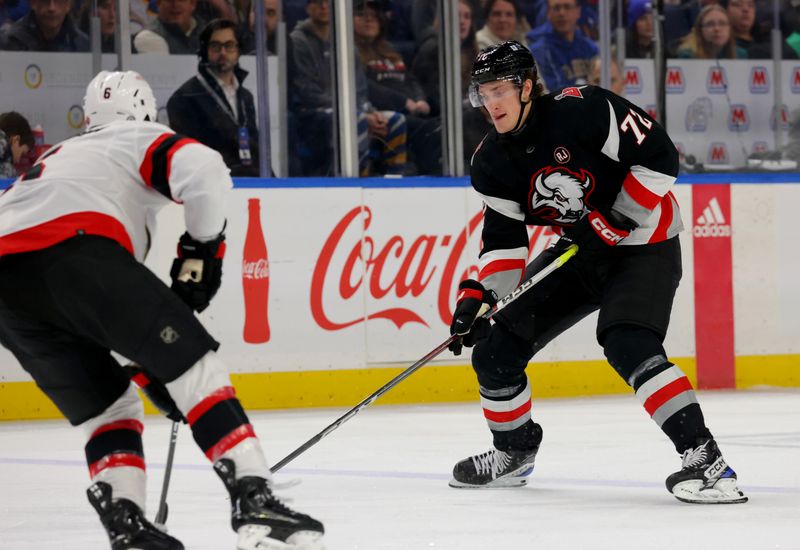 Jan 11, 2024; Buffalo, New York, USA;  Buffalo Sabres right wing Tage Thompson (72) skates up ice with the puck during the first period Ottawa Senators at KeyBank Center. Mandatory Credit: Timothy T. Ludwig-USA TODAY Sports