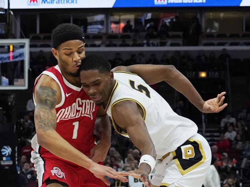 Mar 11, 2023; Chicago, IL, USA; Ohio State Buckeyes guard Roddy Gayle Jr. (1) and Purdue Boilermakers guard Brandon Newman (5) go for the ball during the first half at United Center. Mandatory Credit: David Banks-USA TODAY Sports