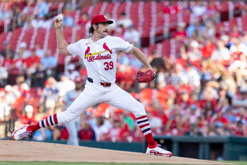 Jun 27, 2024; St. Louis, Missouri, USA; St. Louis Cardinals pitcher Miles Mikolas (39) pitches in the first inning against the Cincinnati Reds at Busch Stadium. Mandatory Credit: Zach Dalin-USA TODAY Sports