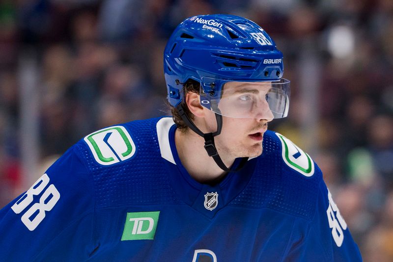 Apr 6, 2023; Vancouver, British Columbia, CAN; Vancouver Canucks forward Nils Aman (88) prepares for a face off against the Chicago Blackhawks in the third period at Rogers Arena. Canucks won 3-0. Mandatory Credit: Bob Frid-USA TODAY Sports