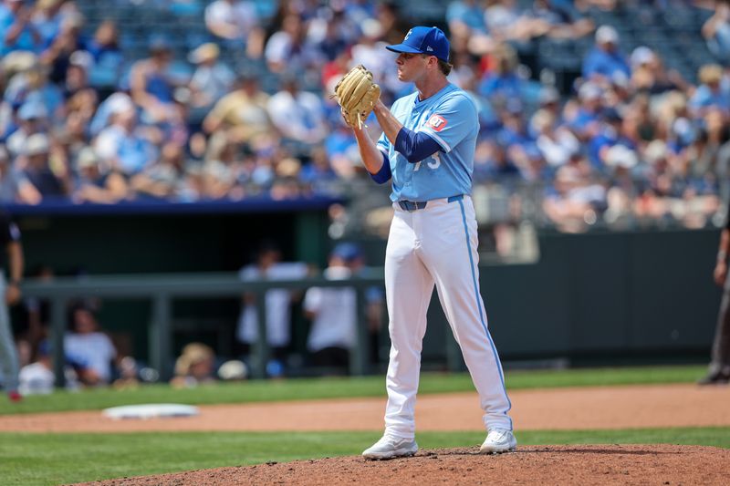 Jun 30, 2024; Kansas City, Missouri, USA; Kansas City Royals pitcher Sam Long (73) on the mound during the eighth inning against the Cleveland Guardians at Kauffman Stadium. Mandatory Credit: William Purnell-USA TODAY Sports