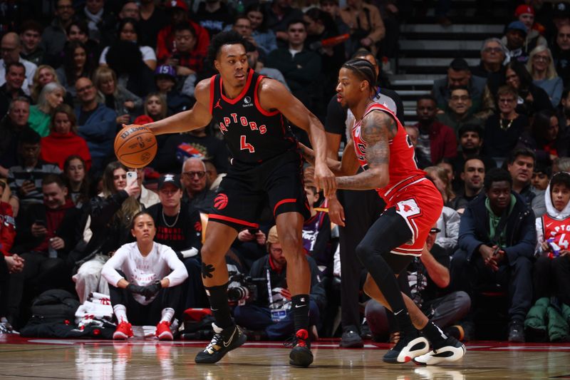 TORONTO, CANADA - JANUARY 31:  Scottie Barnes #4 of the Toronto Raptors dribbles the ball during the game against the Chicago Bulls on January 31, 2025 at the Scotiabank Arena in Toronto, Ontario, Canada.  NOTE TO USER: User expressly acknowledges and agrees that, by downloading and or using this Photograph, user is consenting to the terms and conditions of the Getty Images License Agreement.  Mandatory Copyright Notice: Copyright 2025 NBAE (Photo by Vaughn Ridley/NBAE via Getty Images)