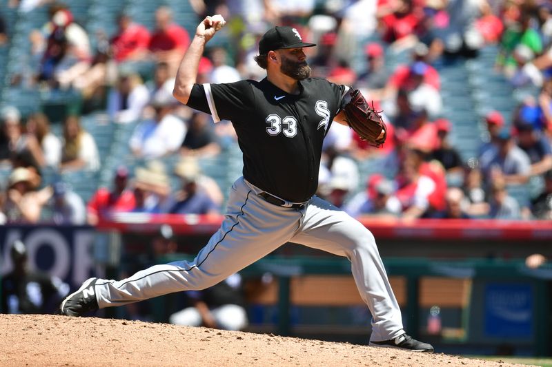 Jun 29, 2023; Anaheim, California, USA; Chicago White Sox starting pitcher Lance Lynn (33) throws against the Los Angeles Angels during the fourth inning at Angel Stadium. Mandatory Credit: Gary A. Vasquez-USA TODAY Sports