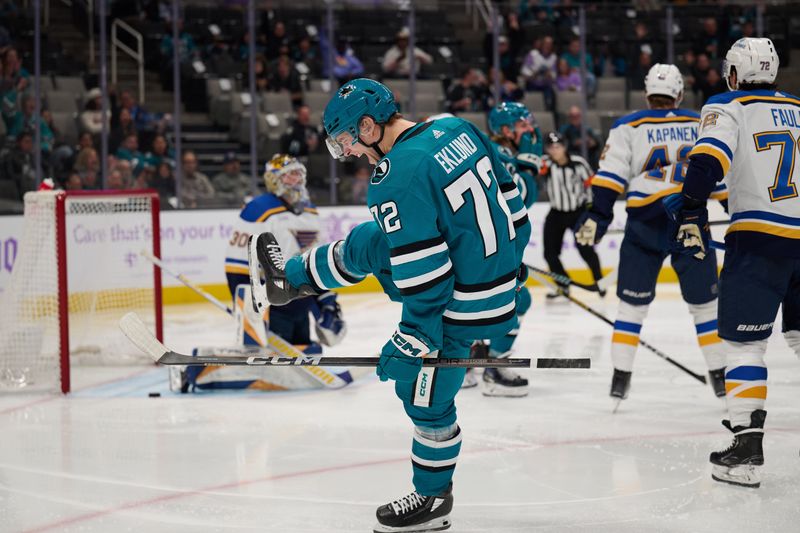 Nov 16, 2023; San Jose, California, USA; San Jose Sharks center William Eklund (72) reacts after scoring a goal against St. Louis Blues goaltender Joel Hofer (30) during the second period at SAP Center at San Jose. Mandatory Credit: Robert Edwards-USA TODAY Sports