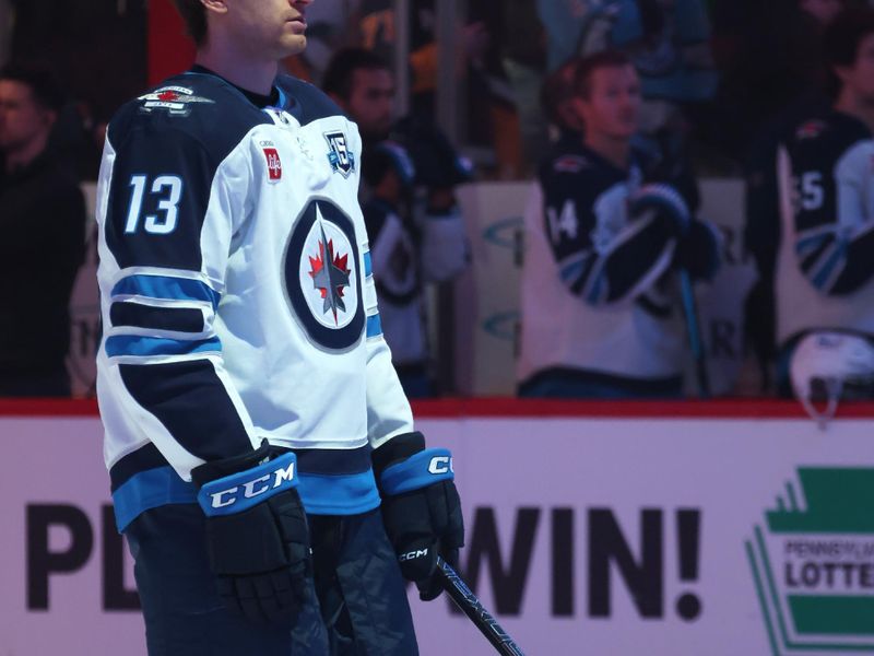 Mar 21, 2026; Pittsburgh, Pennsylvania, USA;  Winnipeg Jets center Gabriel Vilardi (13) stands for the national anthem against the Pittsburgh Penguins at PPG Paints Arena. Mandatory Credit: Charles LeClaire-Imagn Images