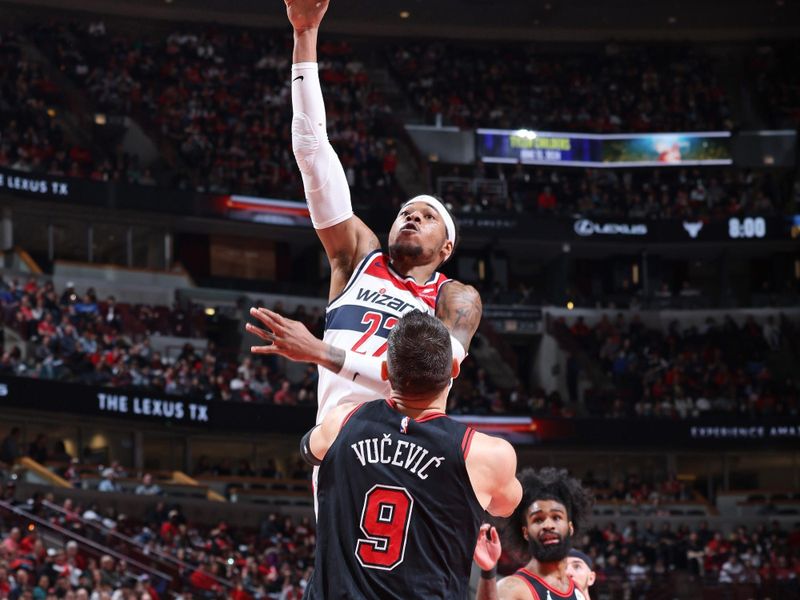 CHICAGO, IL - MARCH 25:  Richaun Holmes #22 of the Washington Wizards shoots the ball during the game against the Chicago Bulls on March 25, 2024 at United Center in Chicago, Illinois. NOTE TO USER: User expressly acknowledges and agrees that, by downloading and or using this photograph, User is consenting to the terms and conditions of the Getty Images License Agreement. Mandatory Copyright Notice: Copyright 2024 NBAE (Photo by Jeff Haynes/NBAE via Getty Images)