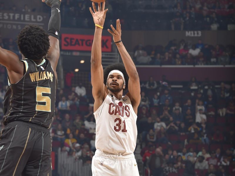 CLEVELAND, OH - APRIL 9: Jarrett Allen #31 of the Cleveland Cavaliers shoots the ball during the game against the Charlotte Hornets on April 9, 2023 at Rocket Mortgage FieldHouse in Cleveland, Ohio. NOTE TO USER: User expressly acknowledges and agrees that, by downloading and/or using this Photograph, user is consenting to the terms and conditions of the Getty Images License Agreement. Mandatory Copyright Notice: Copyright 2023 NBAE (Photo by David Liam Kyle/NBAE via Getty Images)