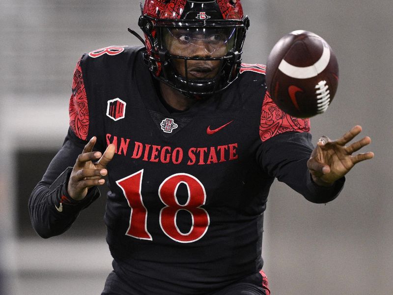 Oct 21, 2023; San Diego, California, USA; San Diego State Aztecs quarterback Jalen Mayden (18) throws a pass against the Nevada Wolf Pack during the first half at Snapdragon Stadium. Mandatory Credit: Orlando Ramirez-USA TODAY Sports 