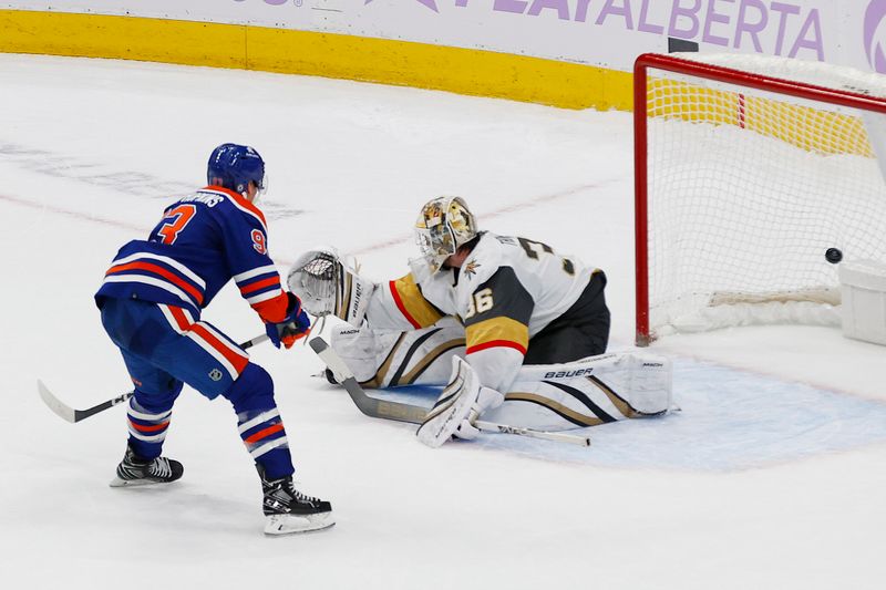 Nov 28, 2023; Edmonton, Alberta, CAN; Edmonton Oilers forward Ryan Nugent-Hopkins (93) scores a goal during the shoot-out against Vegas Golden Knights goaltender Logan Thompson (36) at Rogers Place. Mandatory Credit: Perry Nelson-USA TODAY Sports