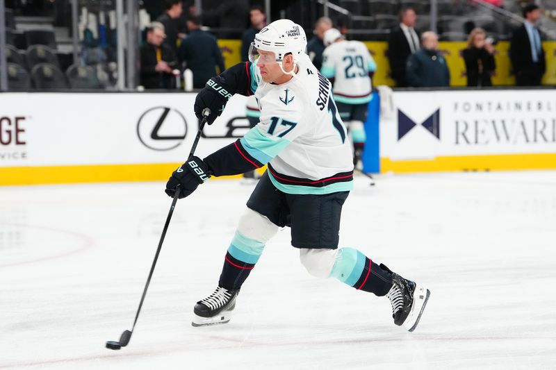 Jan 31, 2026; Las Vegas, Nevada, USA; Seattle Kraken left wing Jaden Schwartz (17) warms up before a game against the Vegas Golden Knights at T-Mobile Arena. Mandatory Credit: Stephen R. Sylvanie-Imagn Images
