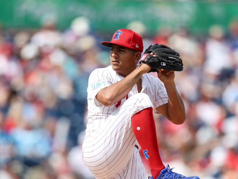 Mar 4, 2025; Clearwater, Florida, USA; Philadelphia Phillies pitcher Ranger Suarez (55) throws a pitch against the New York Yankees in the fourth inning during spring training at BayCare Ballpark. Mandatory Credit: Nathan Ray Seebeck-Imagn Images