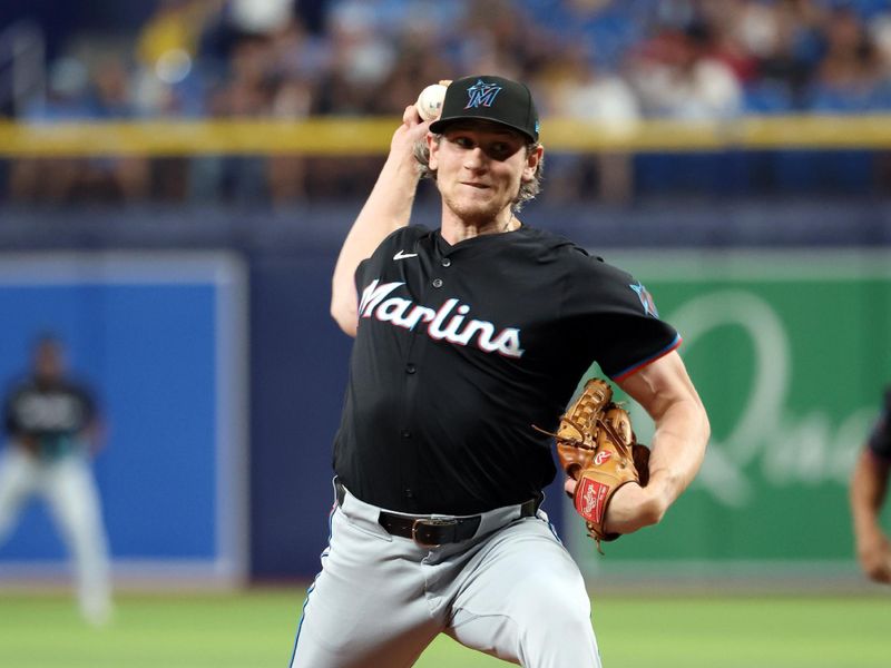 Jul 30, 2024; St. Petersburg, Florida, USA; Miami Marlins pitcher Declan Cronin (51) throws a pitch against the Tampa Bay Rays during the sixth inning at Tropicana Field. Mandatory Credit: Kim Klement Neitzel-USA TODAY Sports