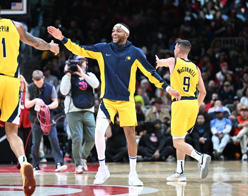 ATLANTA, GA - JANUARY 12: Bruce Brown #11 of the Indiana Pacers smiles during the game against the Atlanta Hawks on January 12, 2024 at State Farm Arena in Atlanta, Georgia.  NOTE TO USER: User expressly acknowledges and agrees that, by downloading and/or using this Photograph, user is consenting to the terms and conditions of the Getty Images License Agreement. Mandatory Copyright Notice: Copyright 2024 NBAE (Photo by Adam Hagy/NBAE via Getty Images)