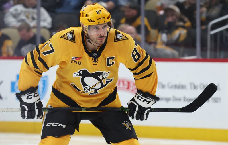 Jan 8, 2026; Pittsburgh, Pennsylvania, USA;  Pittsburgh Penguins center Sidney Crosby (87) waits to take a face-off against the New Jersey Devils during the third period at PPG Paints Arena. Mandatory Credit: Charles LeClaire-Imagn Images