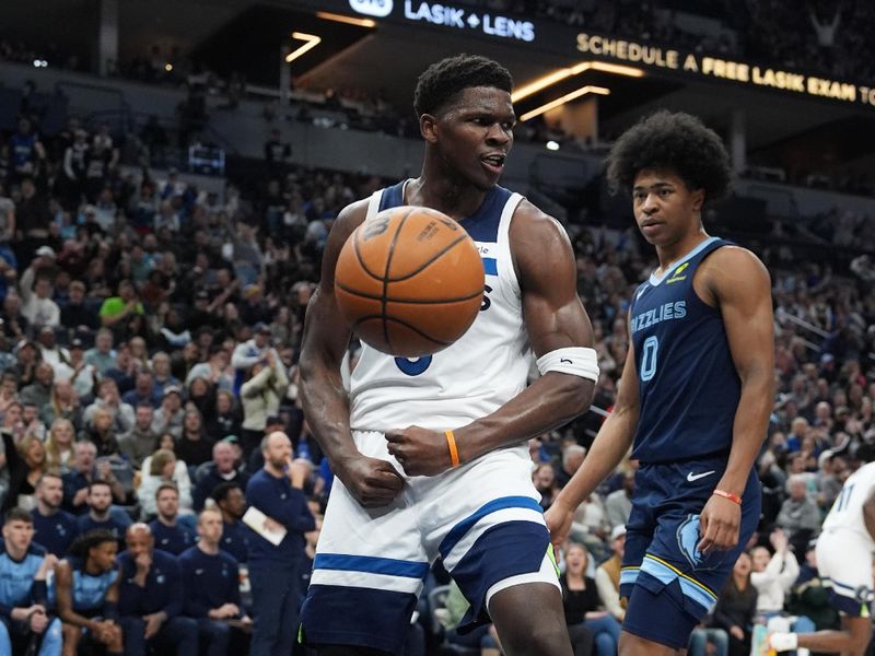 MINNEAPOLIS, MN -  JANUARY 11: Anthony Edwards #5 of the Minnesota Timberwolves celebrates during the game against the Memphis Grizzlies on January 11, 2025 at Target Center in Minneapolis, Minnesota. NOTE TO USER: User expressly acknowledges and agrees that, by downloading and or using this Photograph, user is consenting to the terms and conditions of the Getty Images License Agreement. Mandatory Copyright Notice: Copyright 2025 NBAE (Photo by Jordan Johnson/NBAE via Getty Images)