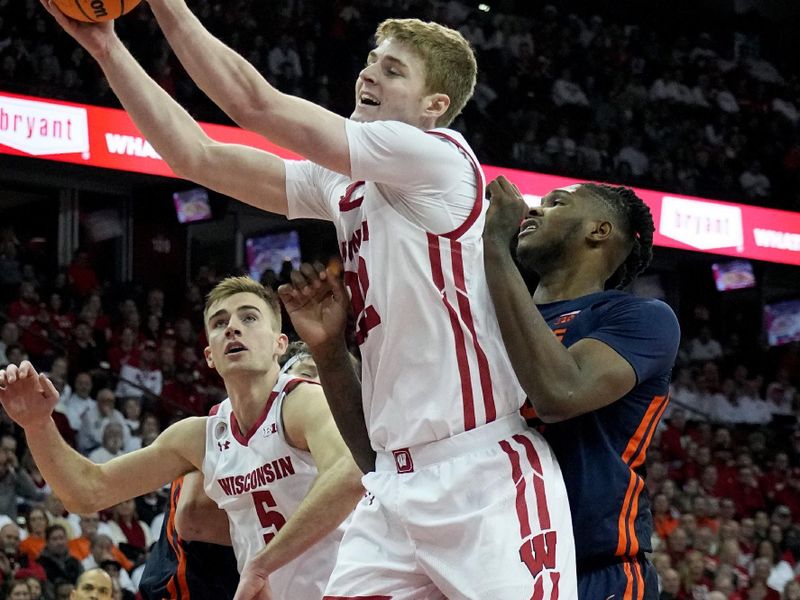 Jan 1, 2023; Madison, Wis, USA; Wisconsin forward Steven Crowl (22) out rebounds Illinois forward Dain Dainja (42) during the first half of their game at the Kohl Center. Mandatory Credit: Mark Hoffman/Milwaukee Journal Sentinel via USA TODAY NETWORK