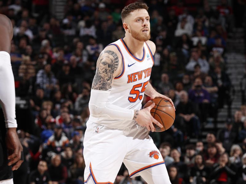 PORTLAND, OR - MARCH 14: Isaiah Hartenstein #55 of the New York Knicks handles the ball during the game against the Portland Trail Blazers on March 14, 2024 at the Moda Center Arena in Portland, Oregon. NOTE TO USER: User expressly acknowledges and agrees that, by downloading and or using this photograph, user is consenting to the terms and conditions of the Getty Images License Agreement. Mandatory Copyright Notice: Copyright 2024 NBAE (Photo by Cameron Browne/NBAE via Getty Images)