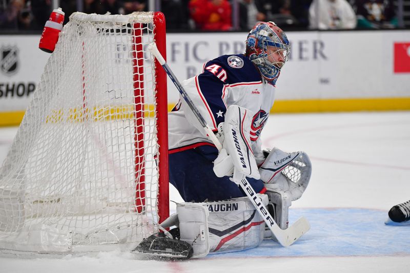 Feb 21, 2024; Anaheim, California, USA; Columbus Blue Jackets goaltender Daniil Tarasov (40) defends the goal against the Anaheim Ducks during the first period at Honda Center. Mandatory Credit: Gary A. Vasquez-USA TODAY Sports