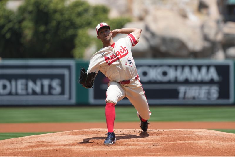 Jun 8, 2025; Anaheim, California, USA; Los Angeles Angels starting pitcher Tyler Anderson (31) throws in the first inning against the Seattle Mariners at Angel Stadium. Mandatory Credit: Kirby Lee-Imagn Images