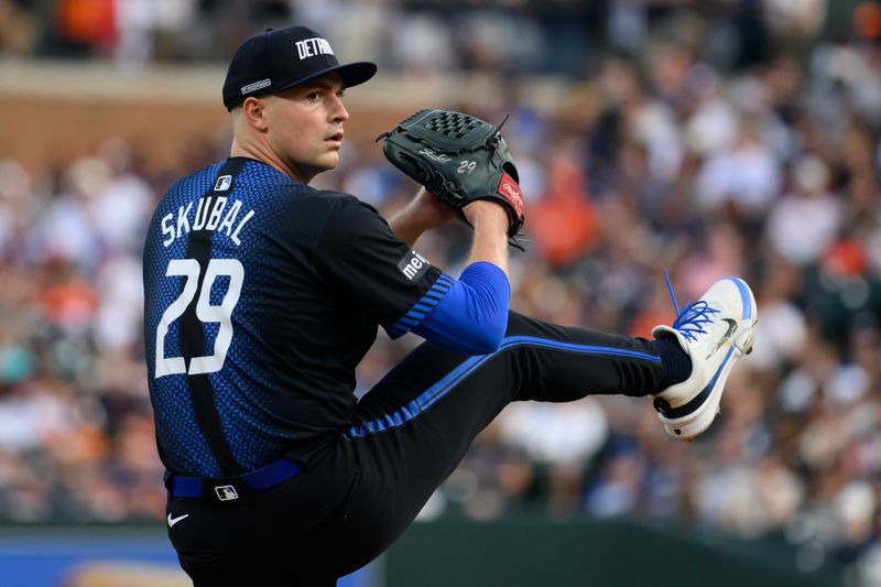 Jul 12, 2024; Detroit, Michigan, USA; Detroit Tigers starting pitcher Tarik Skubal (29) throws a pitch against the Los Angeles Dodgers designated hitter Shohei Ohtani (not pictured) in the fifth inning at Comerica Park. Mandatory Credit: Lon Horwedel-USA TODAY Sports